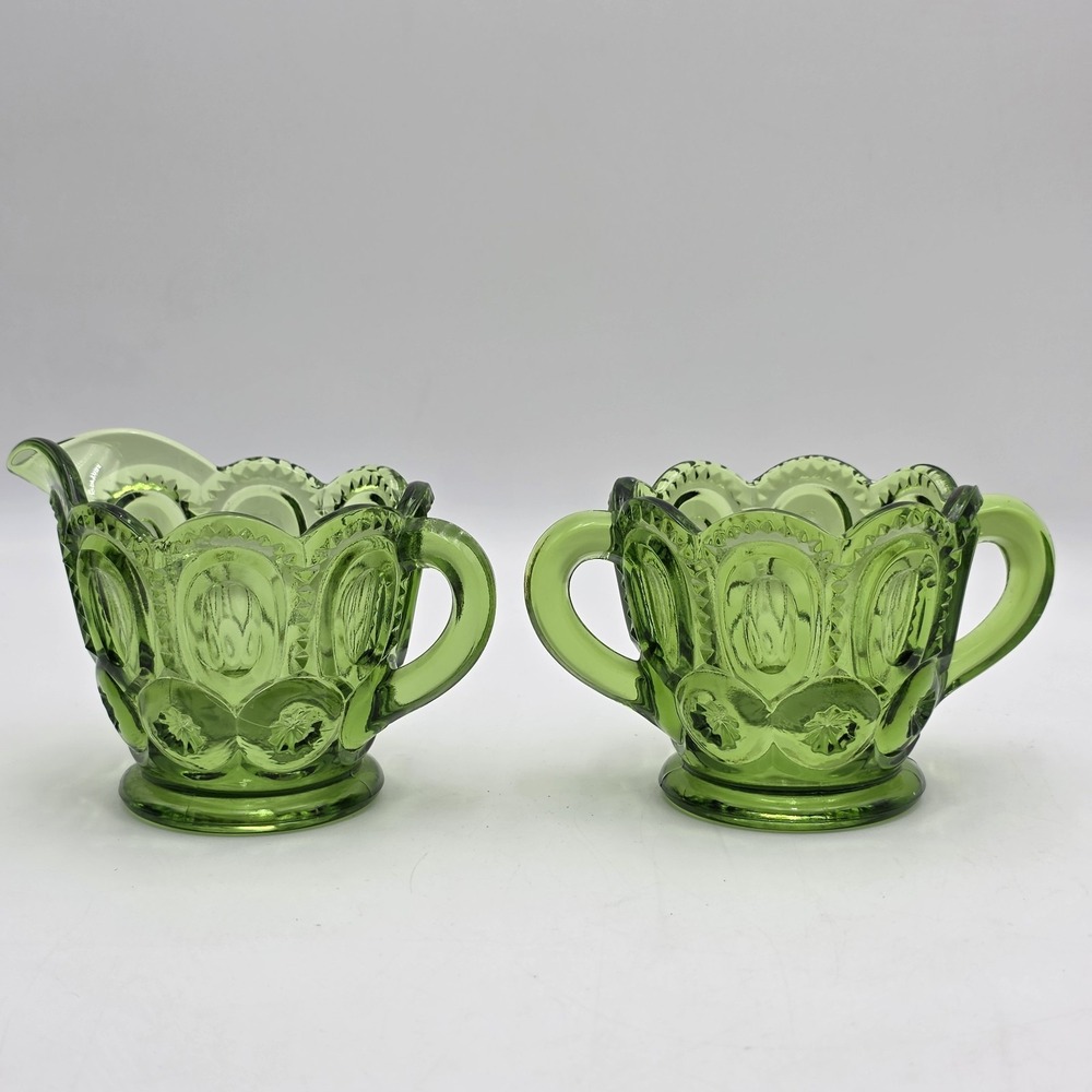 Vintage L.E. Smith Glass Moon and Stars Green Cream and Sugar Set Coffee Bar MCM
